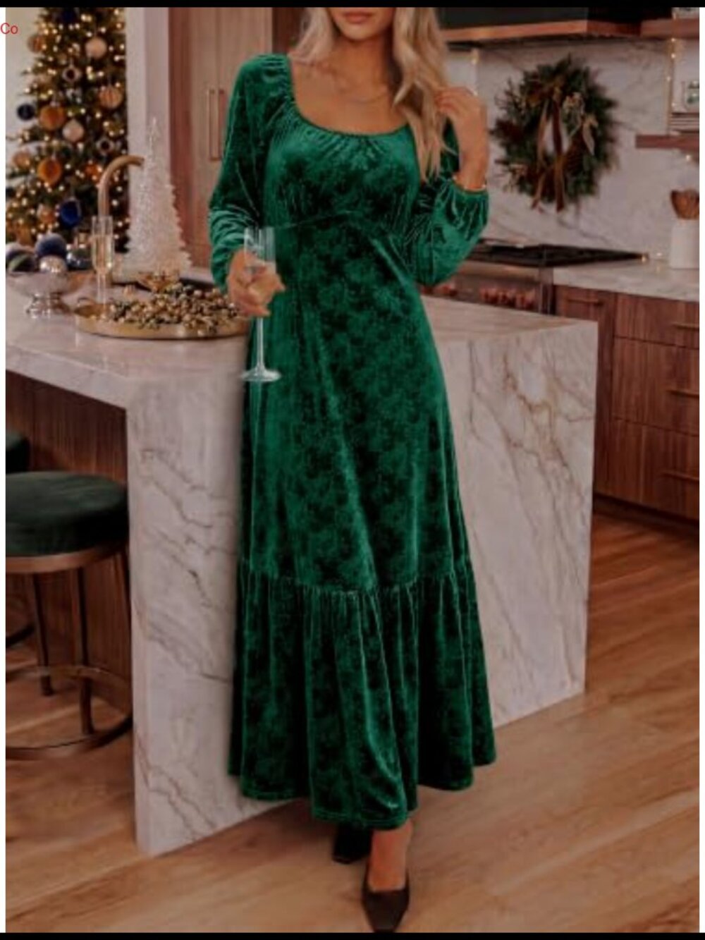 Velvet Formal Maxi Dress Long Sleeve Scoop Neck High Waist Ruffle Hem - Picture 5 of 6